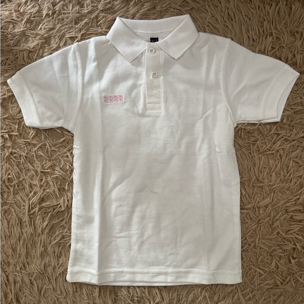 Boys Size 6/7 White Polo Shirt with Subtle Pink Embroidery - new without tags